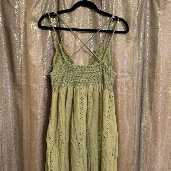 Mahina Hawaii Olive Green Crochet Top Boho Eyelet Maxi Dress Medium - Picture 8 of 9